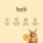 Lumi beautiful nutrition Chicken yellow label product colour with a beautiful cat and a symbol that shows the product has 95% chicken, broth, organs and egg white.  The recipe supports beautiful skin & coat, anti-allergy sensitive digestion, immunity and gut health support, and the support of inflammation relief.