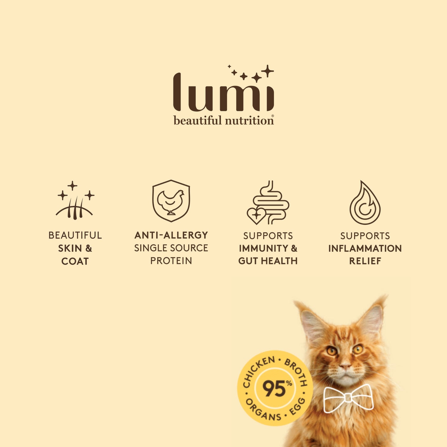 Lumi beautiful nutrition Chicken yellow label product colour with a beautiful cat and a symbol that shows the product has 95% chicken, broth, organs and egg white.  The recipe supports beautiful skin & coat, anti-allergy sensitive digestion, immunity and gut health support, and the support of inflammation relief.