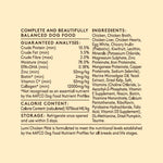 A beige product information card for Lumi Chicken Pâté dog food, detailing guaranteed nutritional analysis, ingredients, and storage instructions. This product is formulated to meet the nutritional levels established by the AAFCO Dog Food Nutrient Profiles for all breeds and life stages.