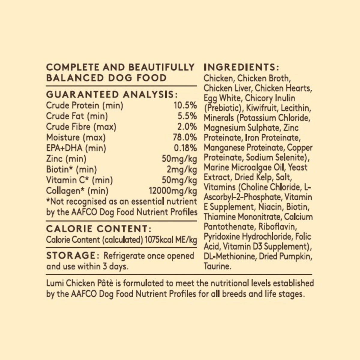 A beige product information card for Lumi Chicken Pâté dog food, detailing guaranteed nutritional analysis, ingredients, and storage instructions. This product is formulated to meet the nutritional levels established by the AAFCO Dog Food Nutrient Profiles for all breeds and life stages.