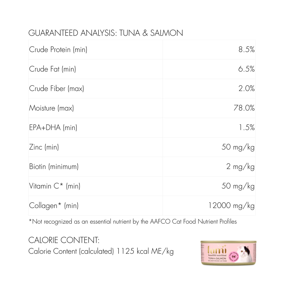 Nutritional analysis chart for Lumi Tuna & Salmon wet cat food with product image at the bottom.