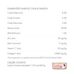 Nutritional analysis chart for Lumi Tuna & Salmon wet cat food with product image at the bottom.