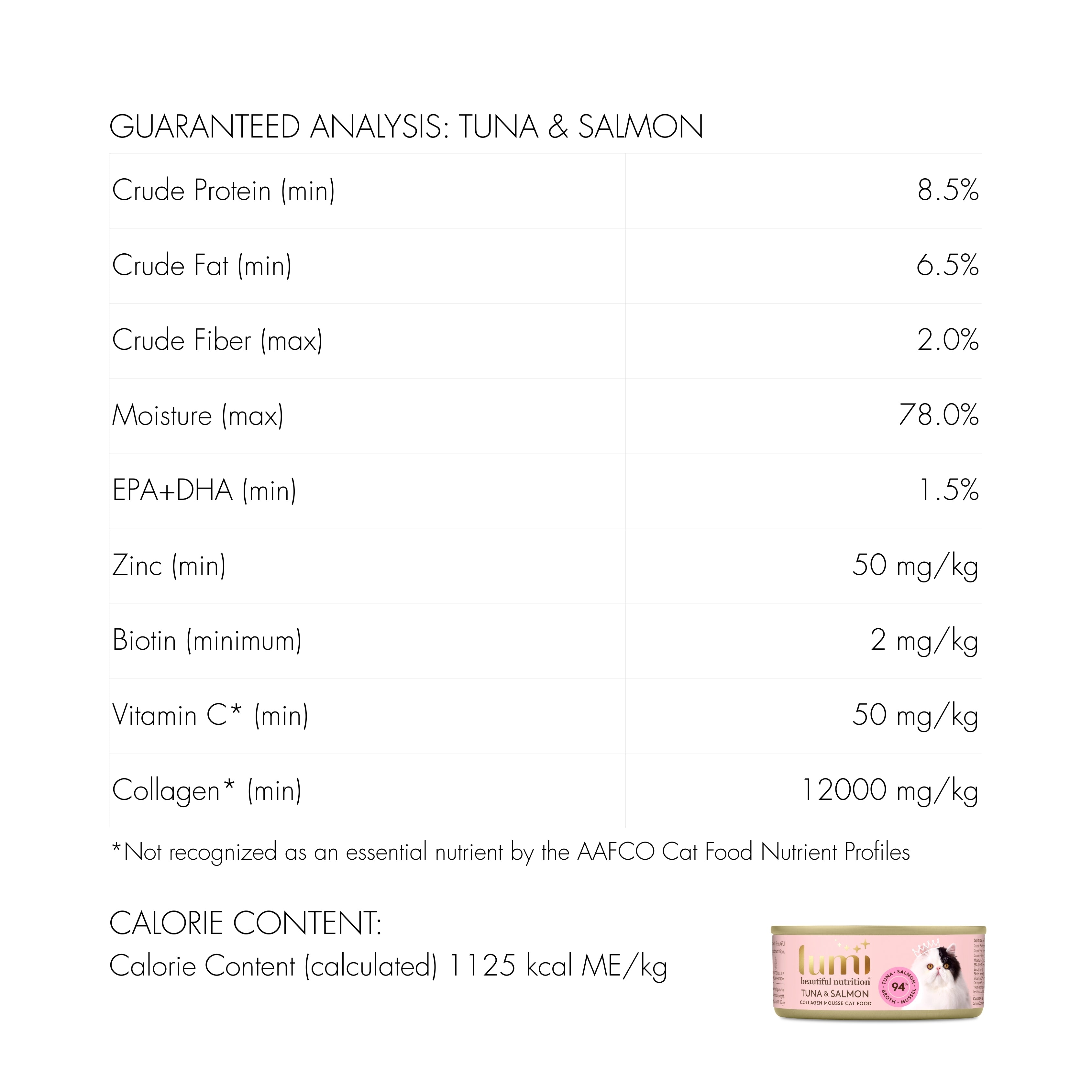 Nutritional analysis chart for Lumi Tuna & Salmon wet cat food with product image at the bottom.