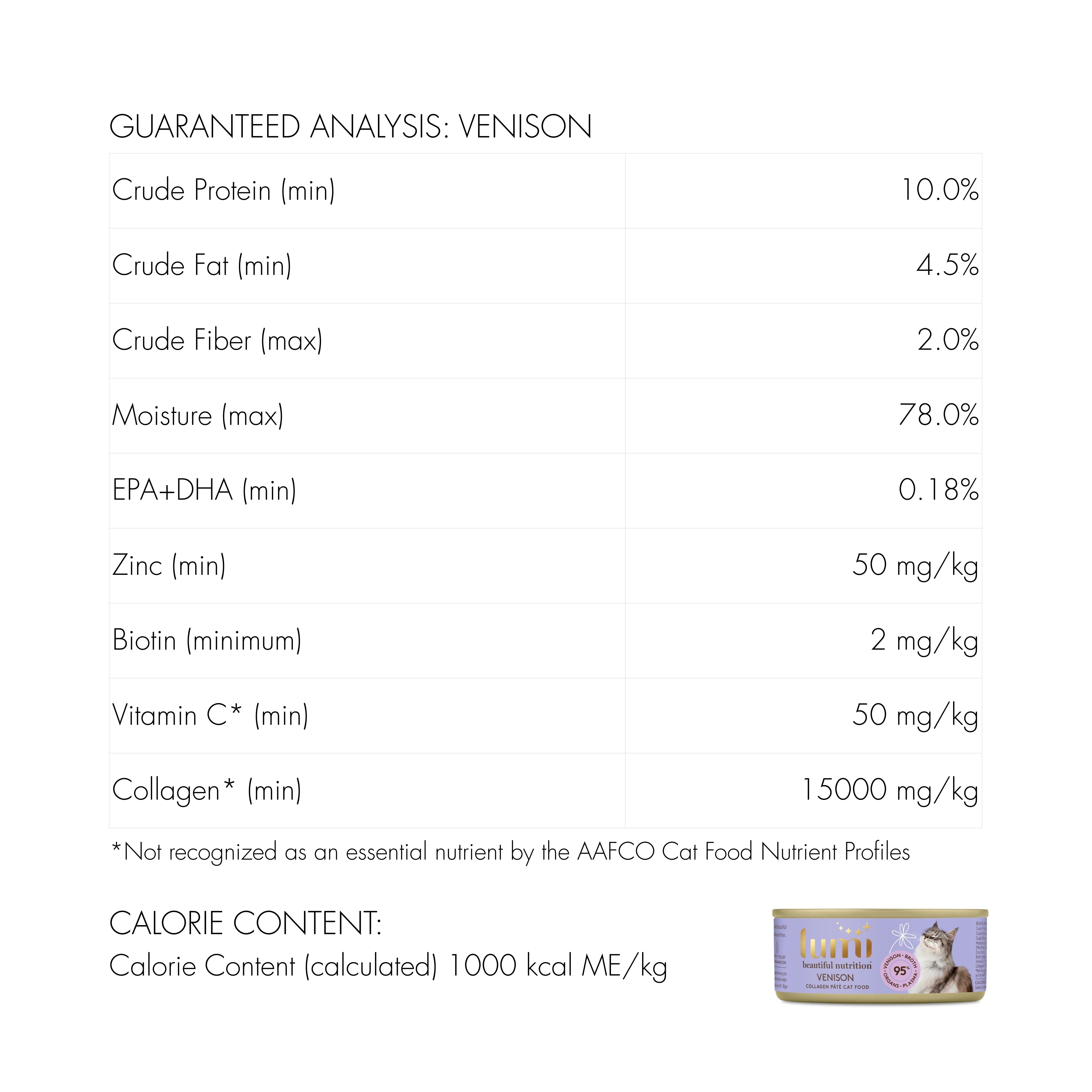Nutritional analysis chart for venison cat food with product packaging at the bottom.