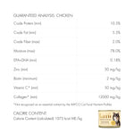 Nutritional analysis chart for Lumi Chicken Dog recipe pet food with guaranteed analysis details and a small can image.