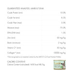 Nutritional label for Lumi Lamb & Tuna Pate for Dogs, showing the guaranteed analysis details and a can of the product.