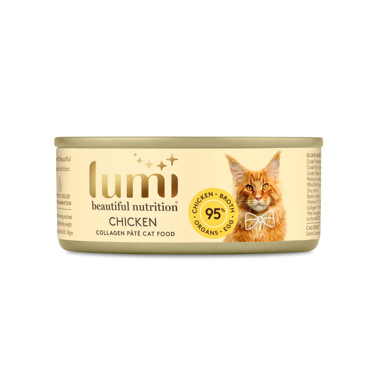 A can of Lumi Beautiful Nutrition Chicken Collagen Pâté Cat Food on a plain white background. The can has a pale yellow label with a picture of an orange cat and a gold seal indicating 95% chicken, broth, and organs.