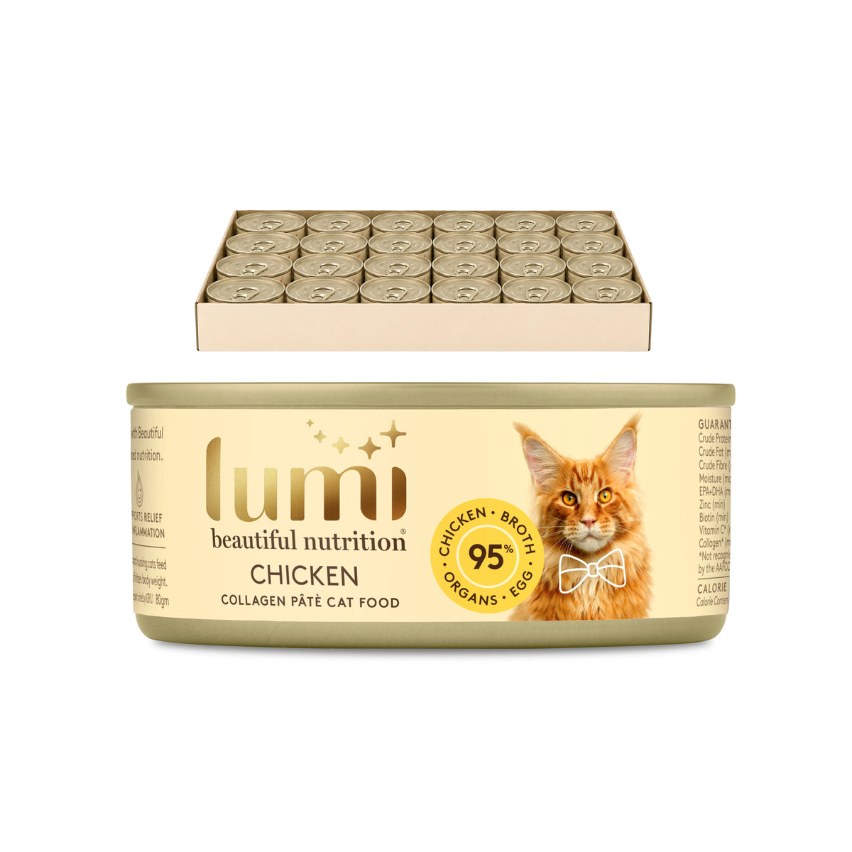 A can of lumi brand chicken cat food in the foreground, with a matching tray of 24small individual can packages stacked behind it on a plain white background.