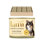 Lumi Beautiful Nutrition Chicken Collagen Pâté Dog Food can, in front of a tray of 12 cans, on a plain white background.
