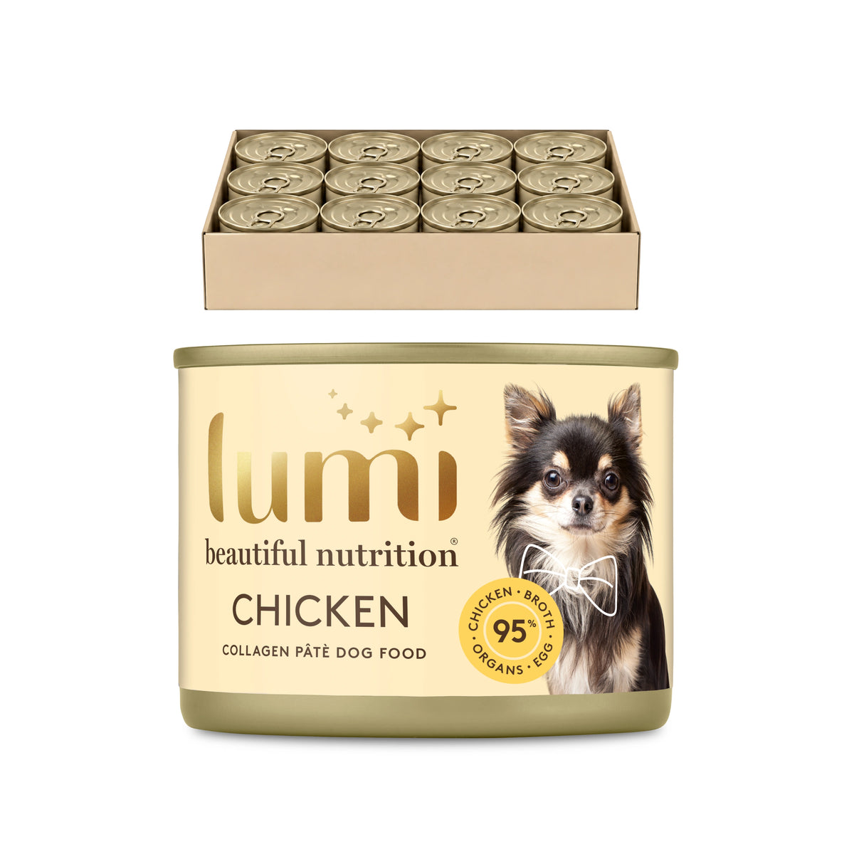 Lumi Beautiful Nutrition Chicken Collagen Pâté Dog Food can, in front of a tray of 12 cans, on a plain white background.
