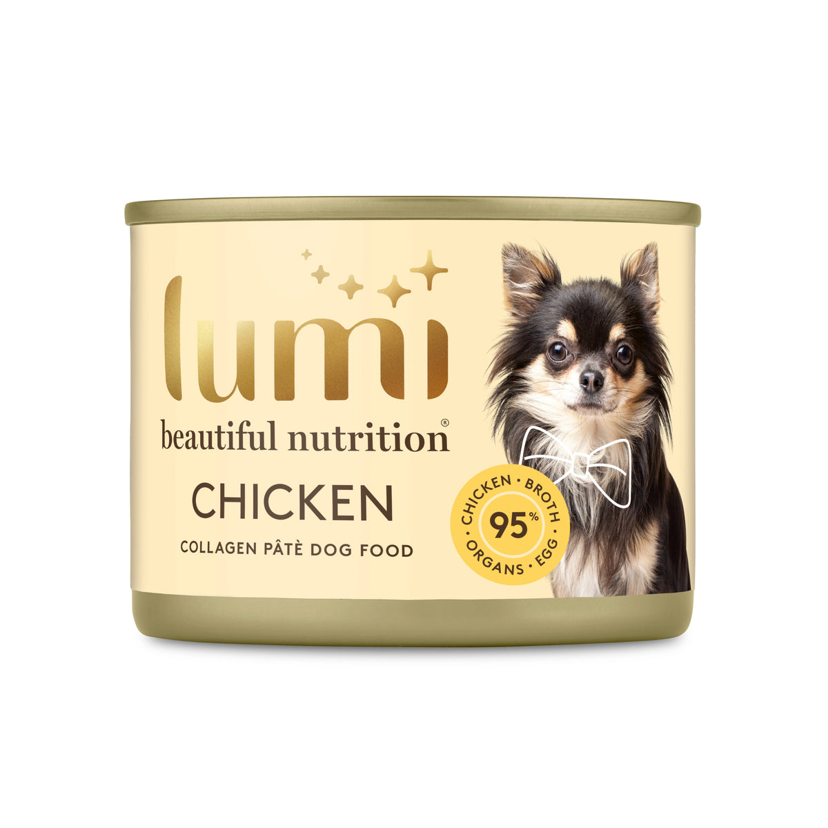 A can of lumi Beautiful Nutrition Chicken Collagen Pâté Dog Food, featuring a cream-colored label with gold lettering and a photo of a black and tan Chihuahua dog on the right side. 95% Chicken, Broth, Organs & Egg