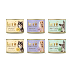Six cans of Lumi pet food with different flavors - Chicken, Venison, and Lamb & Tuna - on a white background.  The Lumi Dog Collection is a trial pack featuring 2 cans of each flavour - so you can discover which recipes your dog enjoys most!