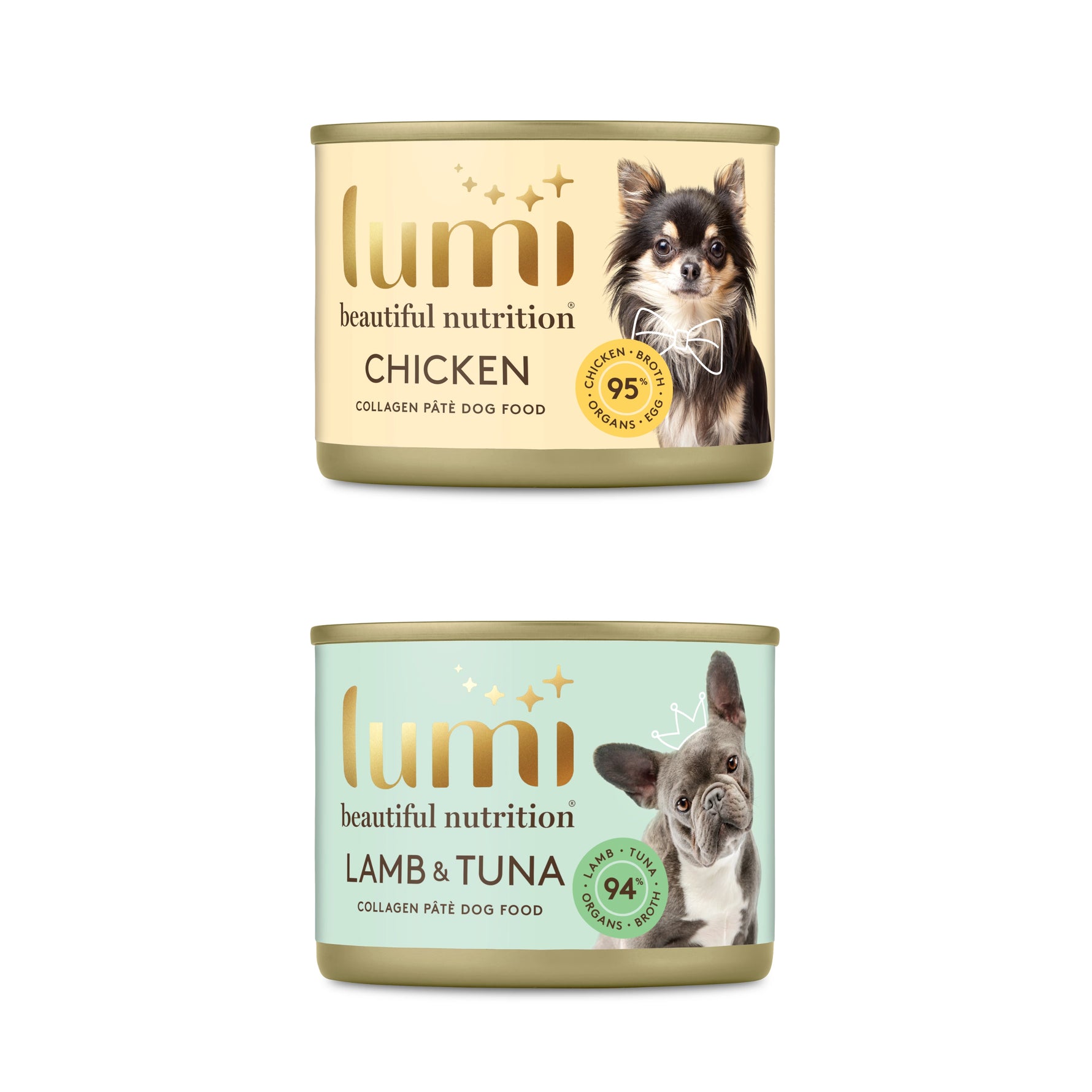 Image shows two cans of Lumi beautiful nutrition wet dog food - Chicken and Lamb & Tuna Collagen Pate.  The Lumi Glow Bundle has 12 cans of Chicken, and 12 cans of Lamb & Tuna - this is a great value bundle from Lumi.