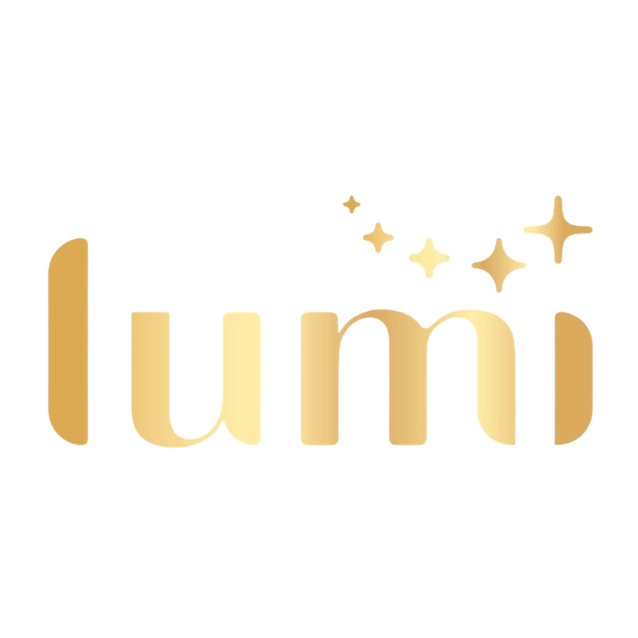 Gold 'lumi' logo with decorative star elements on a white background