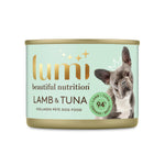 A can of Lumi Beautiful Nutrition Lamb & Tuna Collagen Pâté Dog Food on a solid white background. The can features a mint green label with gold lettering, and an illustration of a grey and white French Bulldog wearing a small gold crown. 94% Lamb, Tuna, Organs & Broth.