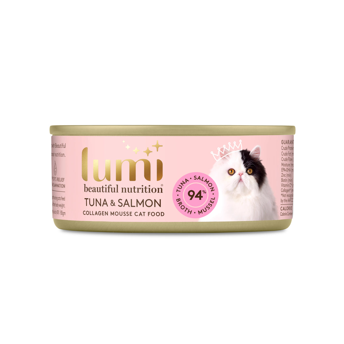 Lumi Beautiful Nutrition Tuna & Salmon collagen pâté wet cat food can on a white background. Made in New Zealand from 100% New Zealand Tuna, Salmon, Broth and Green Lipped Mussel.