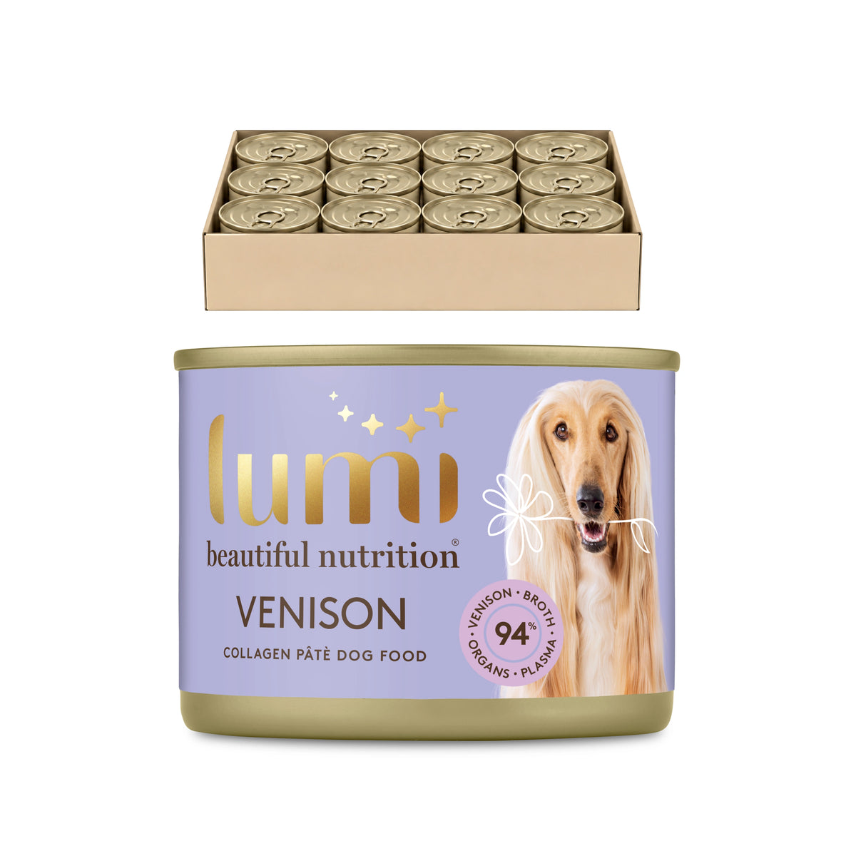 A can of Lumi Beautiful Nutrition Venison Collagen Pâté Dog Food shown in front of a tray of 12 cans, all on a clean white background.