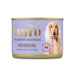 A can of Lumi Beautiful Nutrition Venison Collagen Pâté Dog Food, featuring a lavender label with gold lettering and a photo of an Afghan hound on the right side. This product has 94% Venison, Venison Broth, Organs & Plasma.