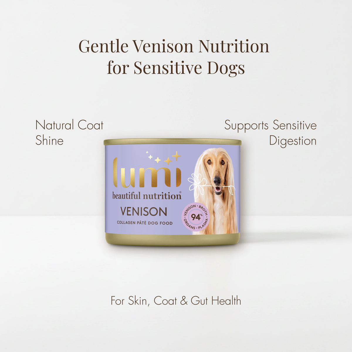 Lumi Venison dog food can on a white background with text about gentle venison nutrition for sensitive dogs.  This recipe supports natural coat shine, sensitive digestion and skin, coat & gut health.