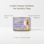 Lumi Venison dog food can on a white background with text about gentle venison nutrition for sensitive dogs.  This recipe supports natural coat shine, sensitive digestion and skin, coat & gut health.