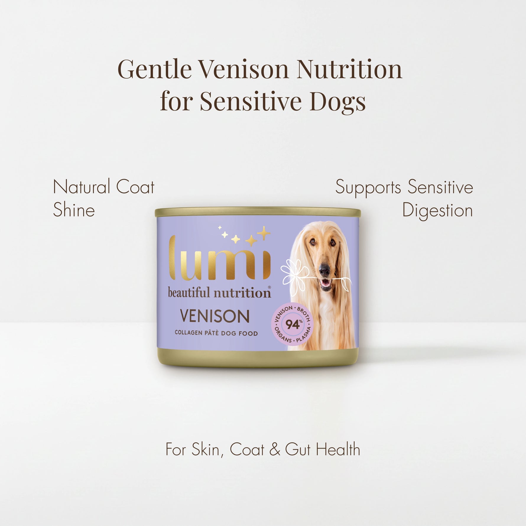 Lumi Venison dog food can on a white background with text about gentle venison nutrition for sensitive dogs.  This recipe supports natural coat shine, sensitive digestion and skin, coat & gut health.