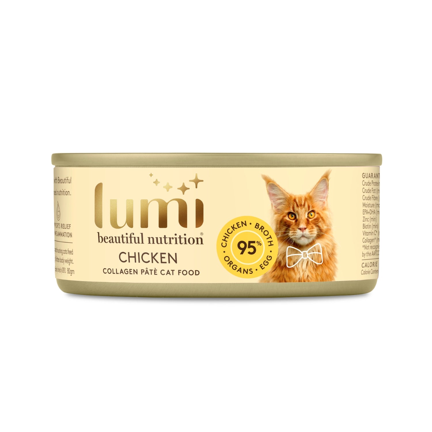 Lumi Beautiful Nutrition Chicken collagen pâté wet cat food can on a white background. Made in New Zealand from 100% New Zealand Chicken, Broth, Organs & Egg White.