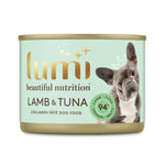 Lumi Beautiful Nutrition Lamb & Tuna collagen pâté wet dog food can on a white background. Made in New Zealand from 100% New Zealand Lamb, Tuna, Organs and Broth.