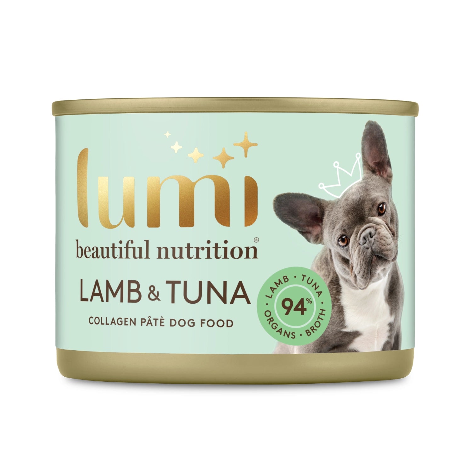 Lumi Beautiful Nutrition Lamb & Tuna collagen pâté wet dog food can on a white background. Made in New Zealand from 100% New Zealand Lamb, Tuna, Organs and Broth.