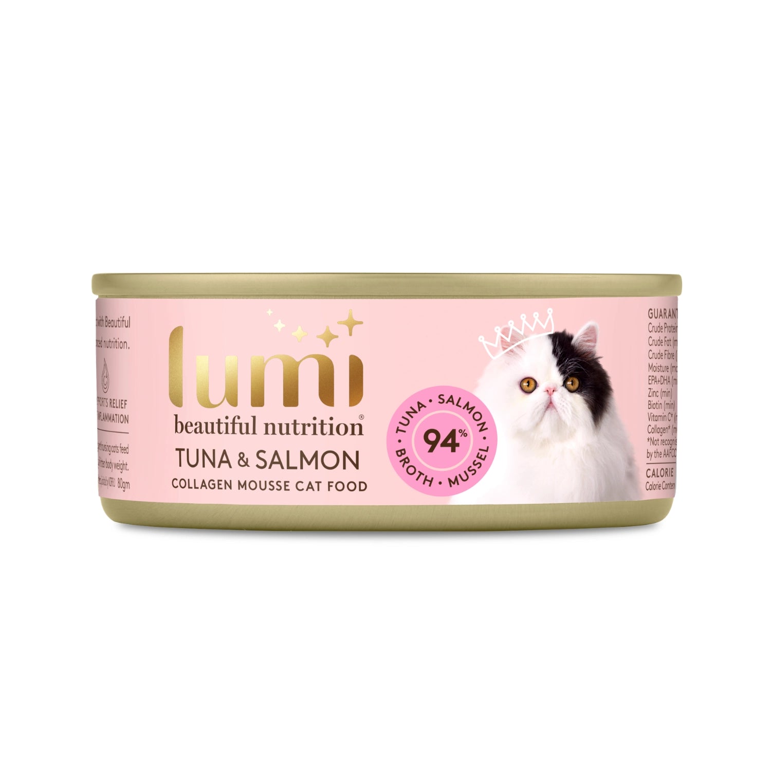 Lumi Beautiful Nutrition Tuna & Salmon collagen pâté wet cat food can on a white background. Made in New Zealand from 100% New Zealand Tuna, Salmon, Broth and Green Lipped Mussel.