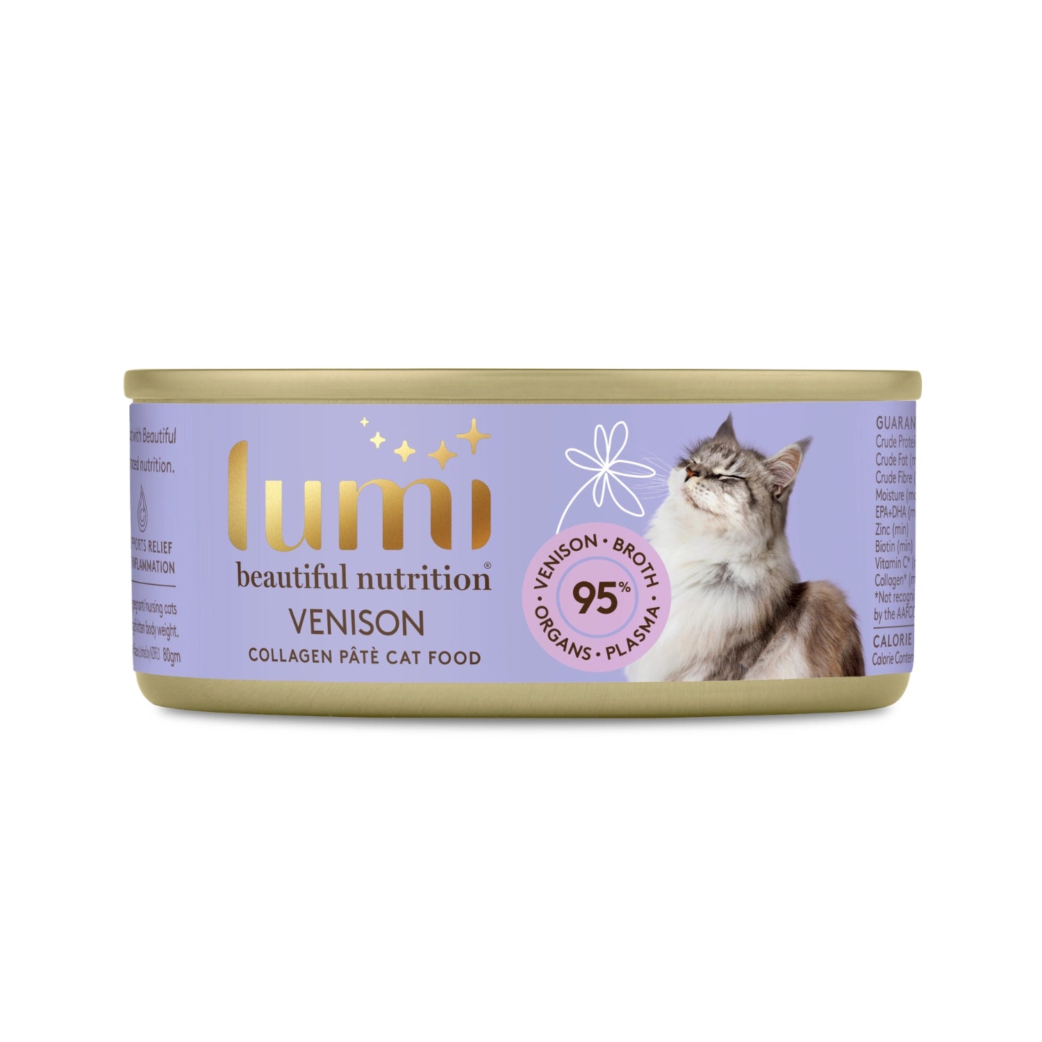 Image shows a can of Lumi beautiful nutrition Venison wet cat food on a pale purple background with a beautiful cat.  A symbol on the can shows that this recipe has 95% venison, broth, organs and plasma.  Made in New Zealand.