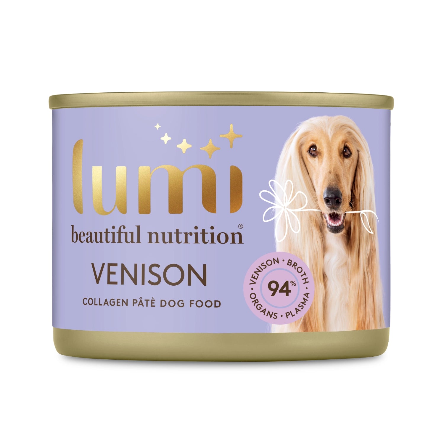 Lumi Beautiful Nutrition Venison collagen pâté wet dog food can on a white background. Made in New Zealand from 100% New Zealand venison, broth, organs and plasma. 
