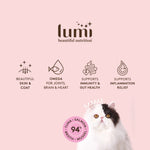 Lumi beautiful nutrition Tuna & Salmon pink product label colour with a beautiful cat and a symbol that shows the product has 94% tuna, salmon, broth and green lipped mussel.  The recipe supports beautiful skin & coat, omega for joints, brain & heart, immunity and gut health support, and the support of inflammation relief.
