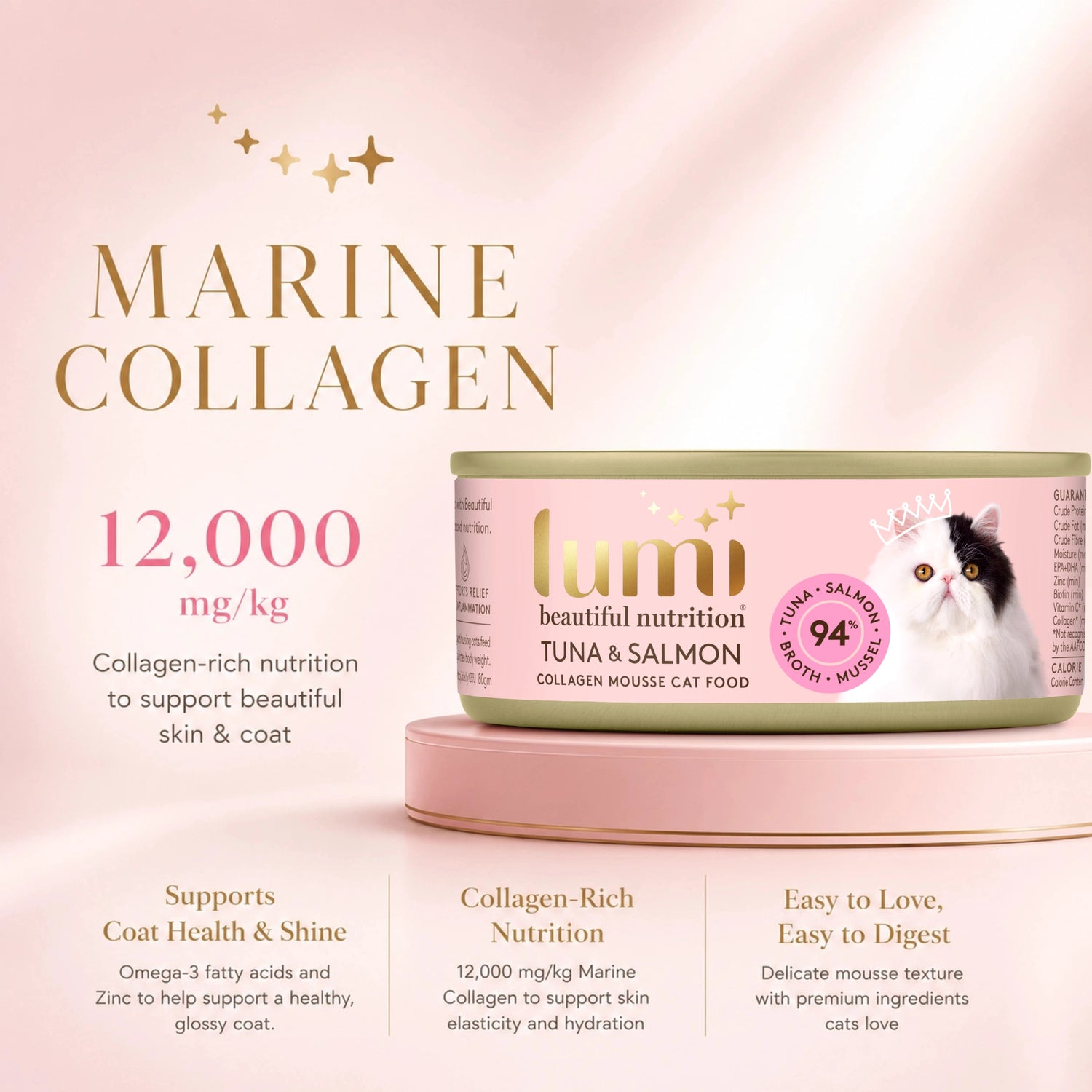 Lumi cat food with 12,000mg/kg marine collagen to support beautiful skin & coat