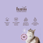 Lumi beautiful nutrition Venison purple product colour with a beautiful cat and a symbol that shows the product has 95% venison, broth, organs and plasma.  The Venison recipe supports beautiful skin & coat, anti-allergy sensitive digestion, immunity and gut health support, and the support of inflammation relief.