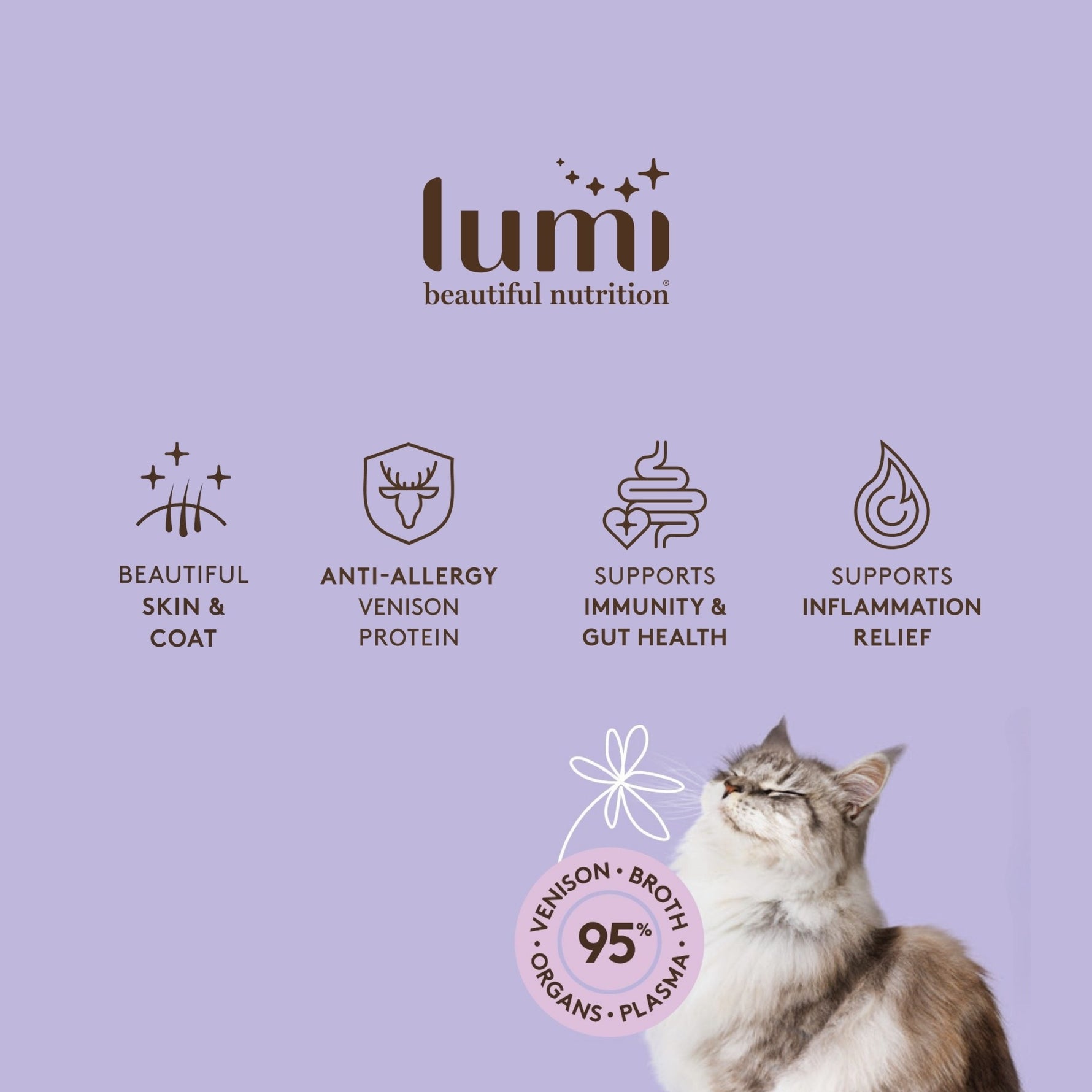 Lumi beautiful nutrition Venison purple product colour with a beautiful cat and a symbol that shows the product has 95% venison, broth, organs and plasma.  The Venison recipe supports beautiful skin & coat, anti-allergy sensitive digestion, immunity and gut health support, and the support of inflammation relief.