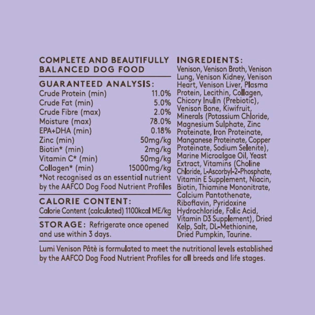A purple product information card for Lumi Venison Pâté dog food, detailing guaranteed nutritional analysis, ingredients, and storage instructions. This product is formulated to meet the nutritional levels established by the AAFCO Dog Food Nutrient Profiles for all breeds and life stages.